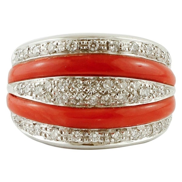 Diamonds, Coral, 18k White Gold Band Ring