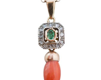 Coral, Emerald, Diamonds, 14 Karat Rose Gold and Silver Pendant.