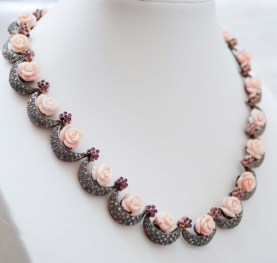 Pink Corals, Rubies, Diamonds, Rose Gold and Silv… - image 2