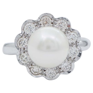 Pearl, Diamonds, 14 Karat White Gold Ring.