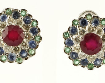 Central Ruby, Diamonds, Sapphires and Emeralds, 14k White gold Stud Earrings