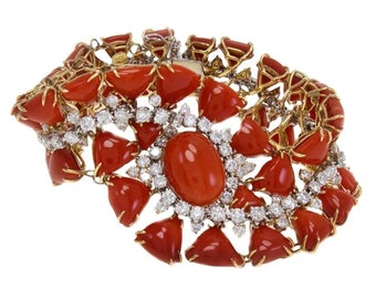 Triangle and Oval Shape Red Corals, White Diamonds,White and Rose Gold Bracelet