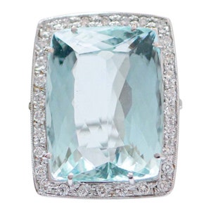 Aquamarine, Diamonds, 14 Karat White Gold Ring.