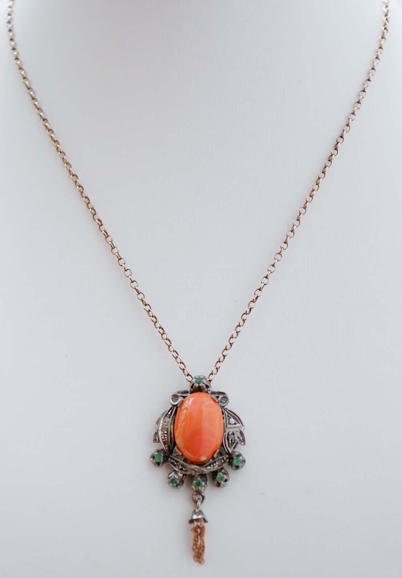 Coral, Emeralds, Diamonds, Rose Gold and Silver Pendant. Etsy