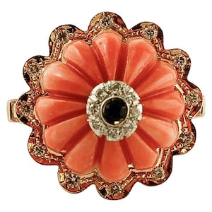 Elatius Coral, Diamonds, Sapphire, 14k Rose Gold Vintage Ring