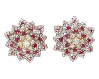 Diamonds and Rubies, 18kt White/Yellow Gold Flower/Star Design Clip-On Earrings