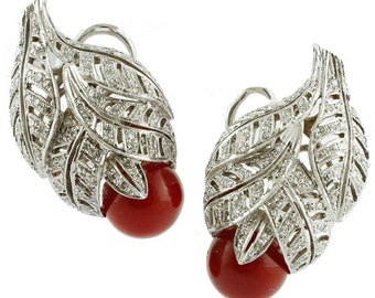 Red Coral Spheres, White Diamonds, Platinum Clip-on Earrings
