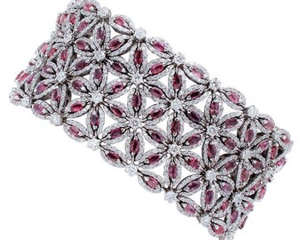 White Diamonds, Rubies, 14 Karat White Gold Flower Theme Bracelet