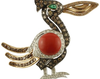 Red Coral Button, Diamonds, Emerald, 14K White and Rose Gold Bird Shape Brooch