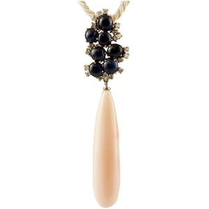 Diamonds, Blue Sapphires, Pink Coral, Drop Pendant