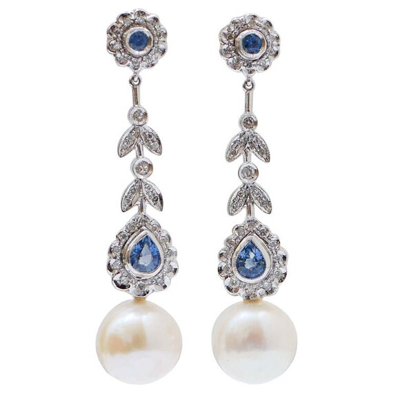 White Pearls, Sapphires, Diamonds, Platinum Earri… - image 1