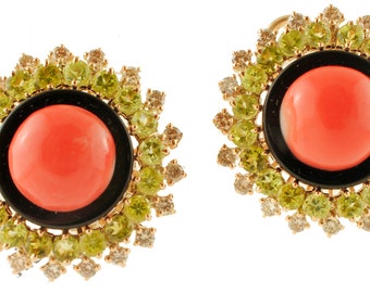 Coral, Diamonds, Onyx, Peritods, Yellow Gold Earrings