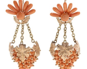 Orange Coral, Rose Gold Chandelier Grape Fruit Earrings