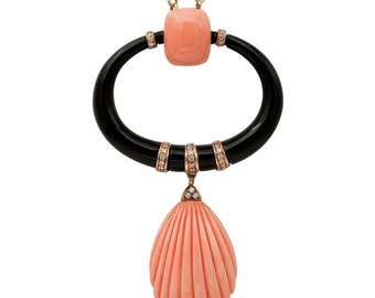 Japanese Coral, Diamonds, Onyx, 18kt Rose Gold Pendant Necklace