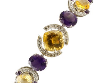 White Diamonds Yellow Topazes Amethysts White Gold Link Bracelet