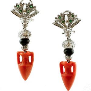 Diamonds, Tsavorite, Coral, Onyx 14k White Gold Vintage Dangle Earrings
