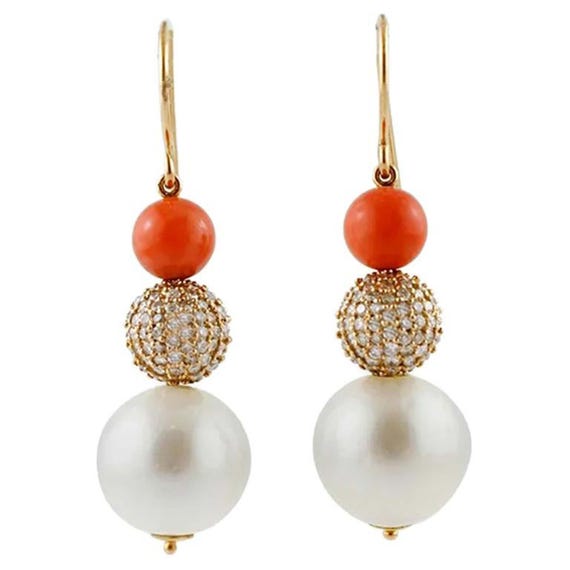 South Sea Pearl, Coral Beads, Diamonds, Pendant Earrings