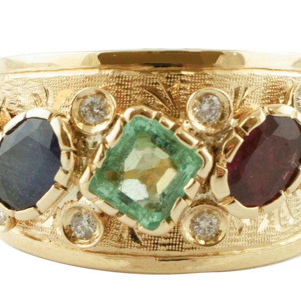 Diamonds, Sapphires, Rubies, Emeralds, Yellow Gold Band Ring