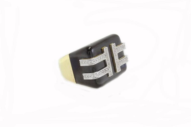 Diamantes, esmalte preto, ouro amarelo e anel de platina imagem 3