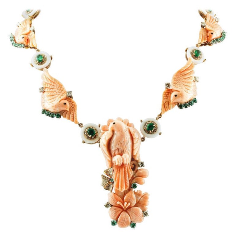 Handcrafted Necklace Engraved Pink Coral,Diamonds,Emeralds,White Handcrafted Necklace Engraved Pink Coral,Diamonds,Emeralds,White