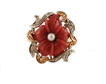 Coral flower, Diamonds, Pearl, Rose and White Gold Retro Ring
