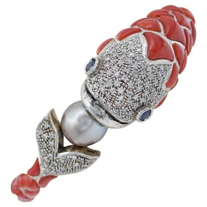 Coral,Sapphires,Diamonds,Pearl,14 Kt Rose Gold and Silver Fish Shape Bracelet