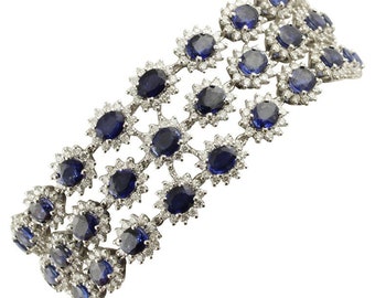 Blue Sapphires White Diamonds White Gold Link Bracelet