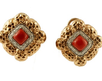 Diamonds, Rubrum Coral, 14k Yellow and White gold Stud Earrings