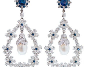 Sapphires, Diamonds, Pearls, 18 Karat White Gold Earrings.