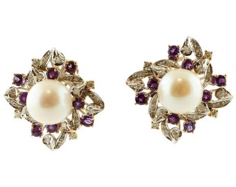 Diamonds, Amethysts, Pearls, 14 Karat White and Rose Gold Stud Earrings