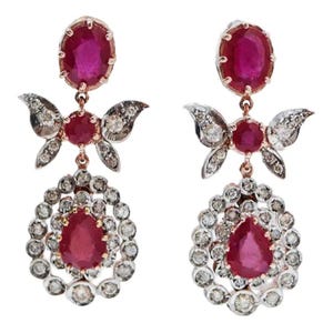 Rubies, Diamonds, Rose Gold and Silver Earrings.