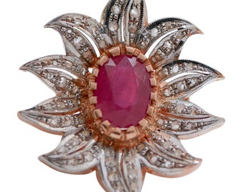 Ruby, Diamonds, Rose Gold and Silver Flower Ring.