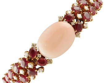 White Diamonds Rubies Pink Coral Rose Gold Bracelet