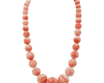 Japanese Engraved Coral, Rose Gold Closure Beaded Necklace