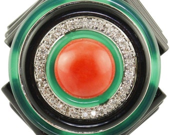 Anel de moda de diamantes ônix verde ágata coral ouro branco