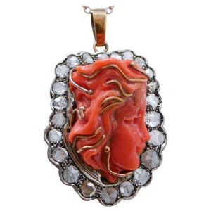 Coral, Diamonds, 14 Karat Rose Gold and Silver Pendant.