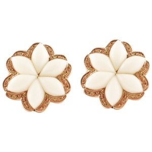 Handcrafted Clip-on Earrings White Coral Flowers, Diamonds, 14K Rose Gold