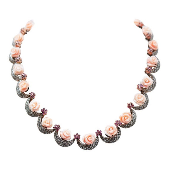 Pink Corals, Rubies, Diamonds, Rose Gold and Silv… - image 1