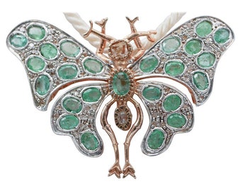 Emeralds,Diamonds,Rose Gold and Silver Butterfly Brooch/Pendant.