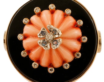 Onyx, Coral, Diamonds, Yellow Gold Vintage Ring