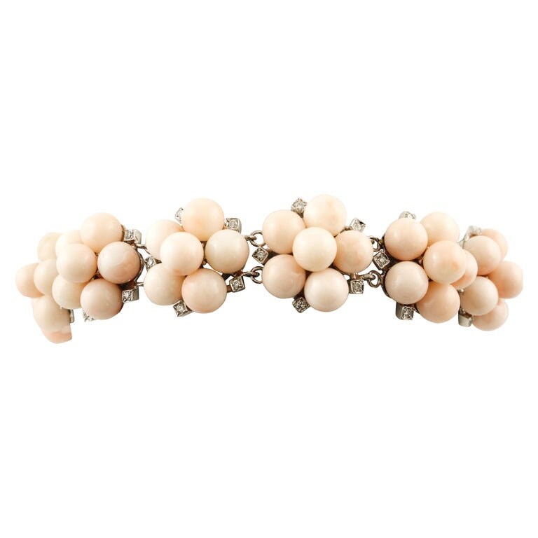 Bracelet Ancien En Or, Argent, Corail Rose Et Diamants - Bijou Vintage