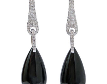 Onyx, Diamonds, 18 Karat White Gold Dangle Earrings.