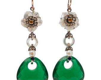 Tourmaline, White Stones, Sapphires, Diamonds, Rose Gold and Silver Earring