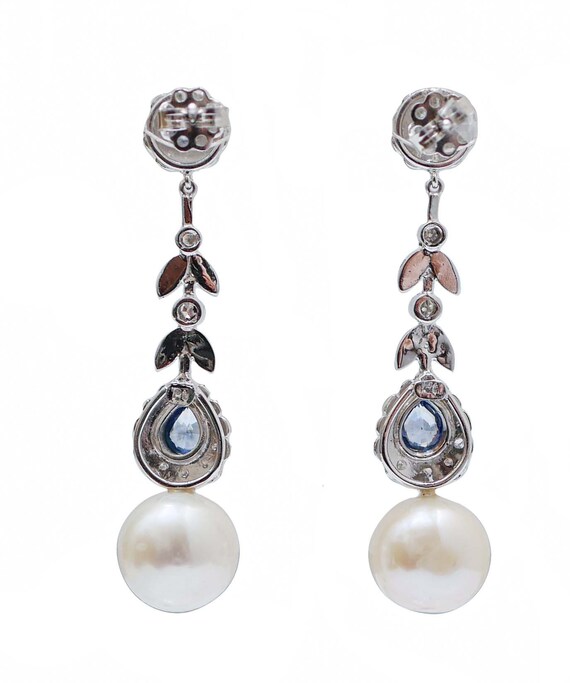 White Pearls, Sapphires, Diamonds, Platinum Earri… - image 3