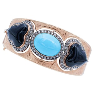 Turquoise,Onyx,Diamonds,14 Karat Rose Gold and Silver Retrò Bracelet