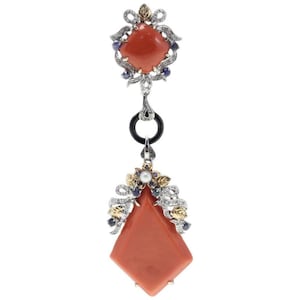 Orange/Red Corals,Onyx Ring, Sapphires, Diamonds,Pearl,White/Rose Gold Pendant