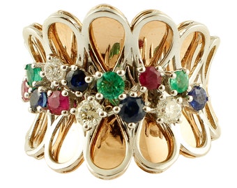 Diamonds, Rubies, Emeralds, Sapphires, 14k Rose Gold, Vintage Fantasy Ring