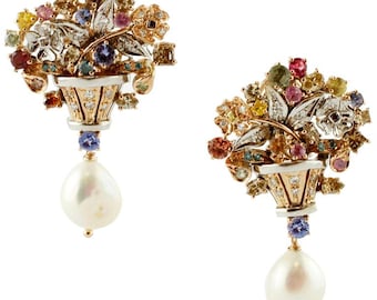 Diamonds,Multicolor Sapphires,Tanzanite,Pearls 14kt White and Rose Gold Earrings