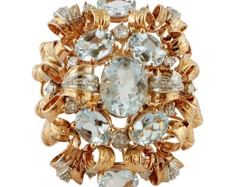 Diamonds, Aquamarines, Rose and White Gold Cluster/Fashion Retrò Ring (RESERVED)