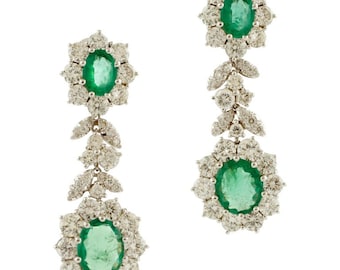 Handcrafted White Diamonds, Oval Shape Emeralds, 18 Karat White Gold Clip-On Earrings